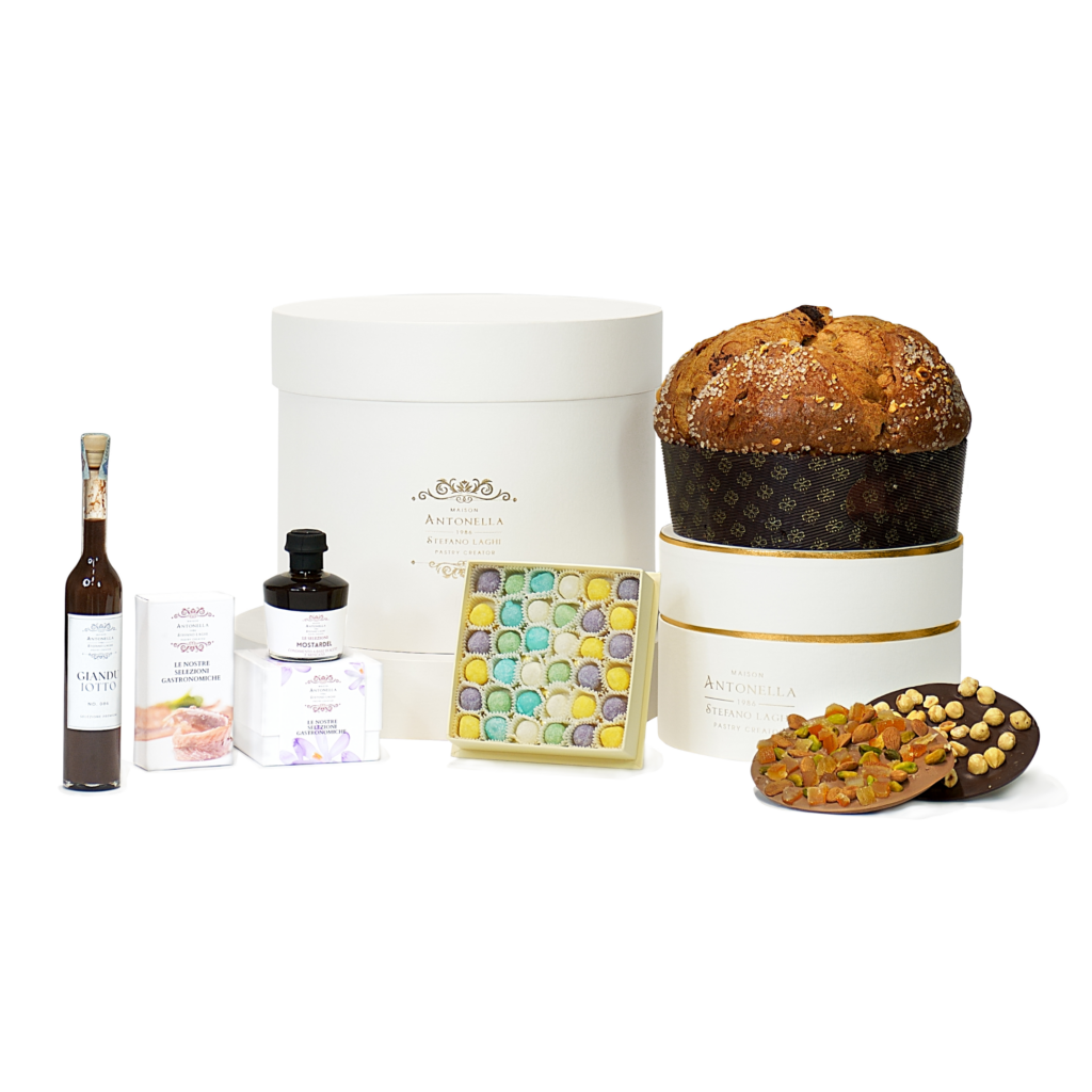 Gift Box Argento Gift box Argento con panettone, praline e specialità gourmet Maison Antonella