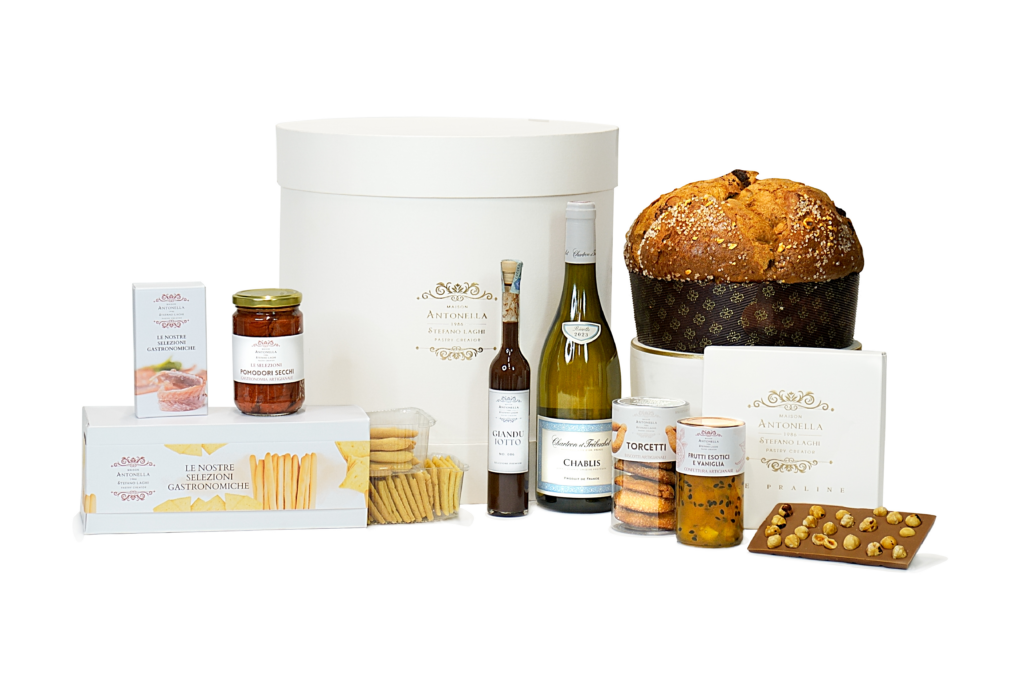Gift Box Platino Gift box Platino con panettone, praline e vino Chablis